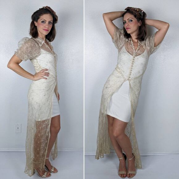 vintage 30s Sheer EMBROIDERED Dagger Collar MAXI DRESS xs/s tea stained 1930s - Picture 7 of 10